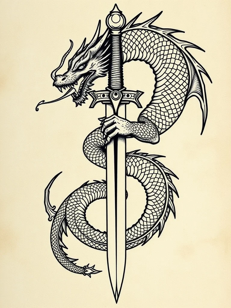 3D Render tattoo: a dragon coiled around a sword