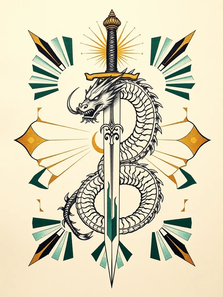 Art Deco tattoo: a dragon coiled around a sword