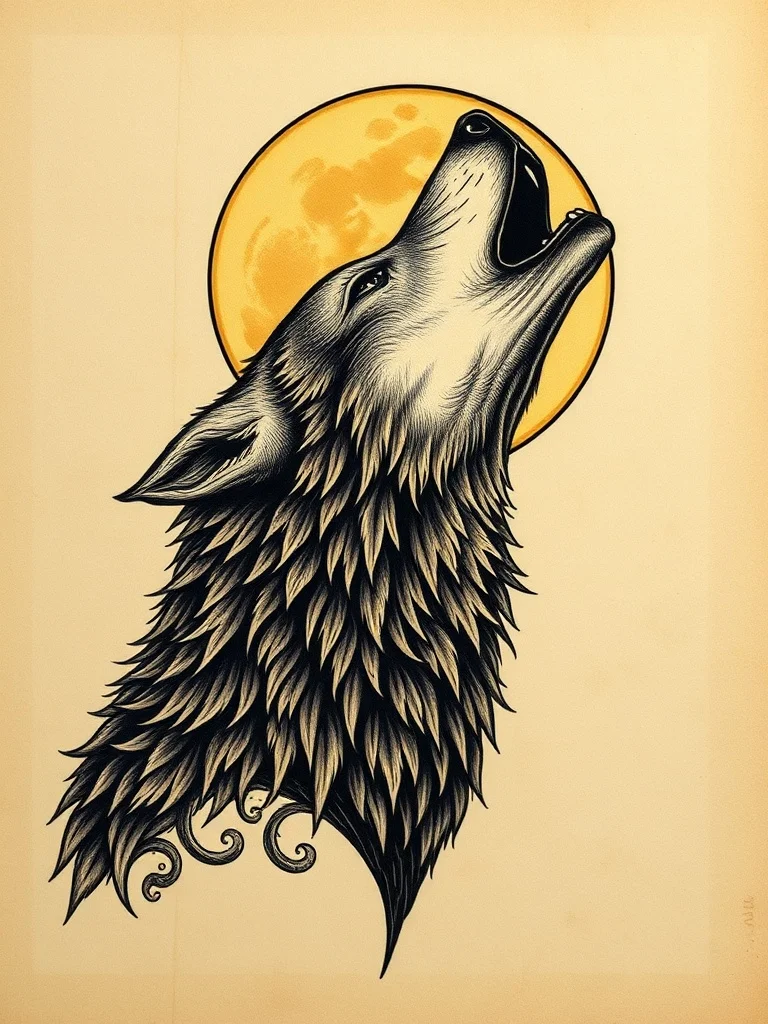 Baroque tattoo: a wolf howling at the moon