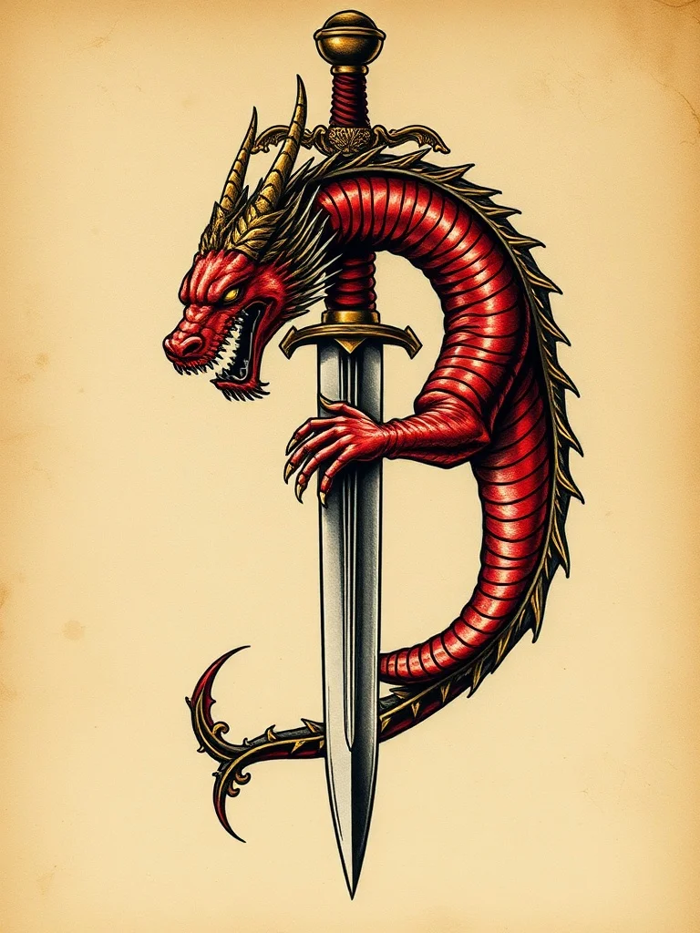 Baroque tattoo: a dragon coiled around a sword