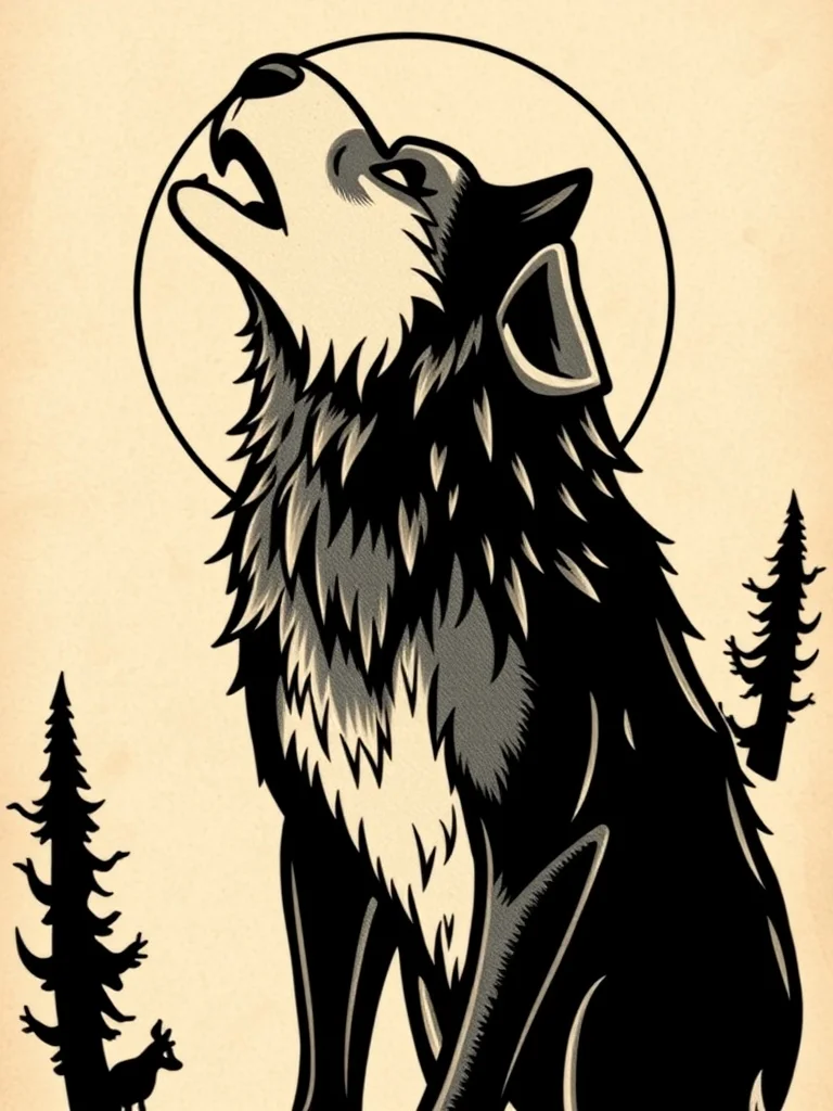 Cartoon tattoo: a wolf howling at the moon