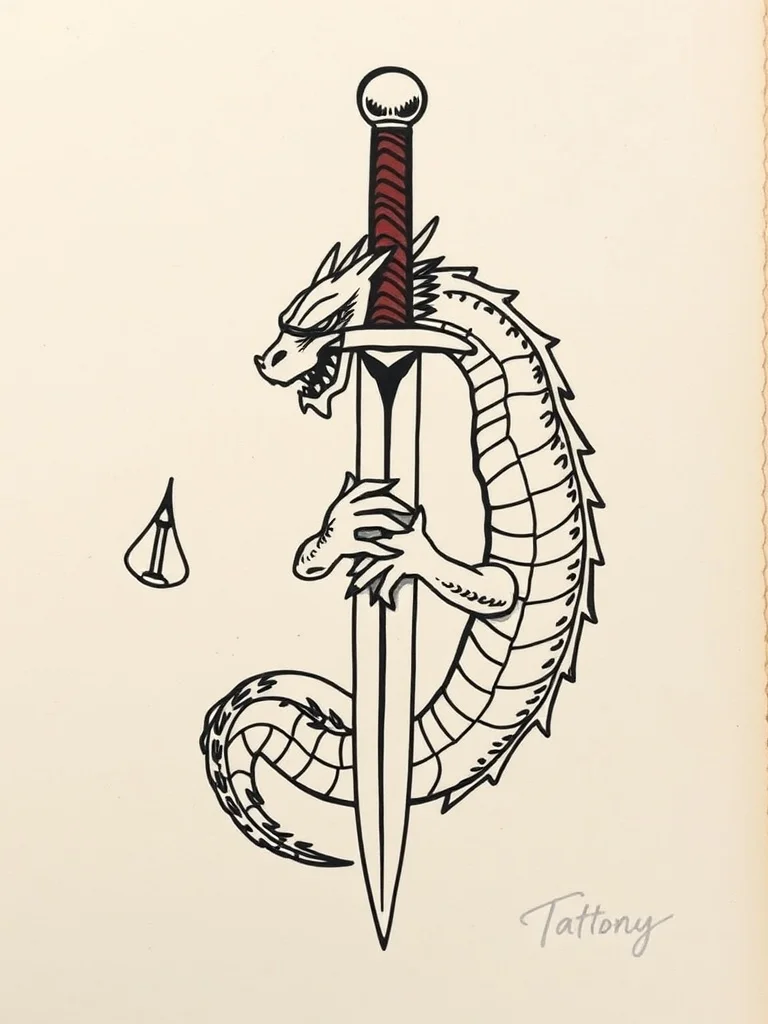 Cartoon tattoo: a dragon coiled around a sword