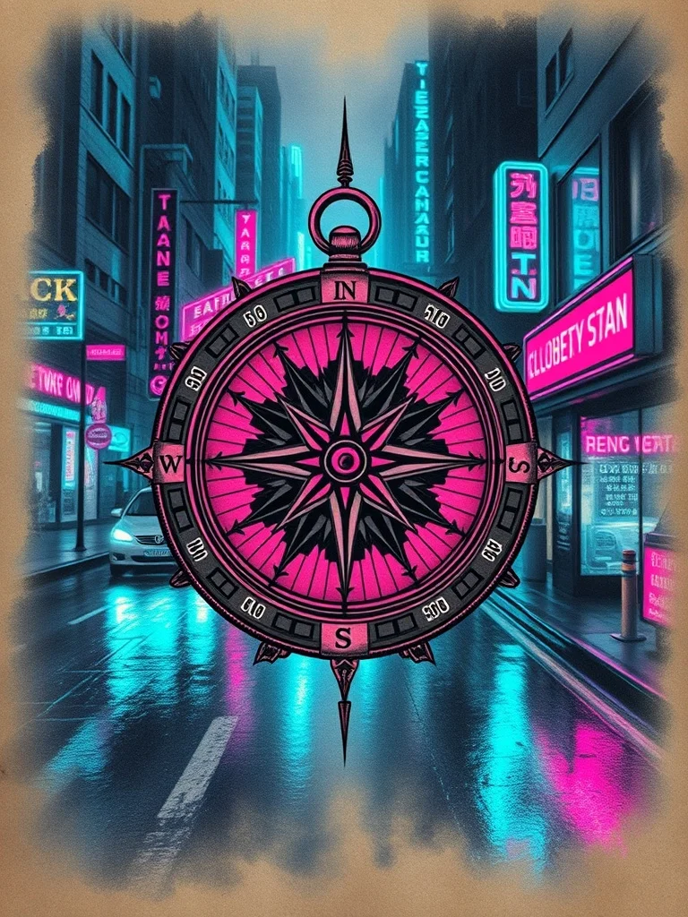 Cyberpunk tattoo: a vintage compass and map
