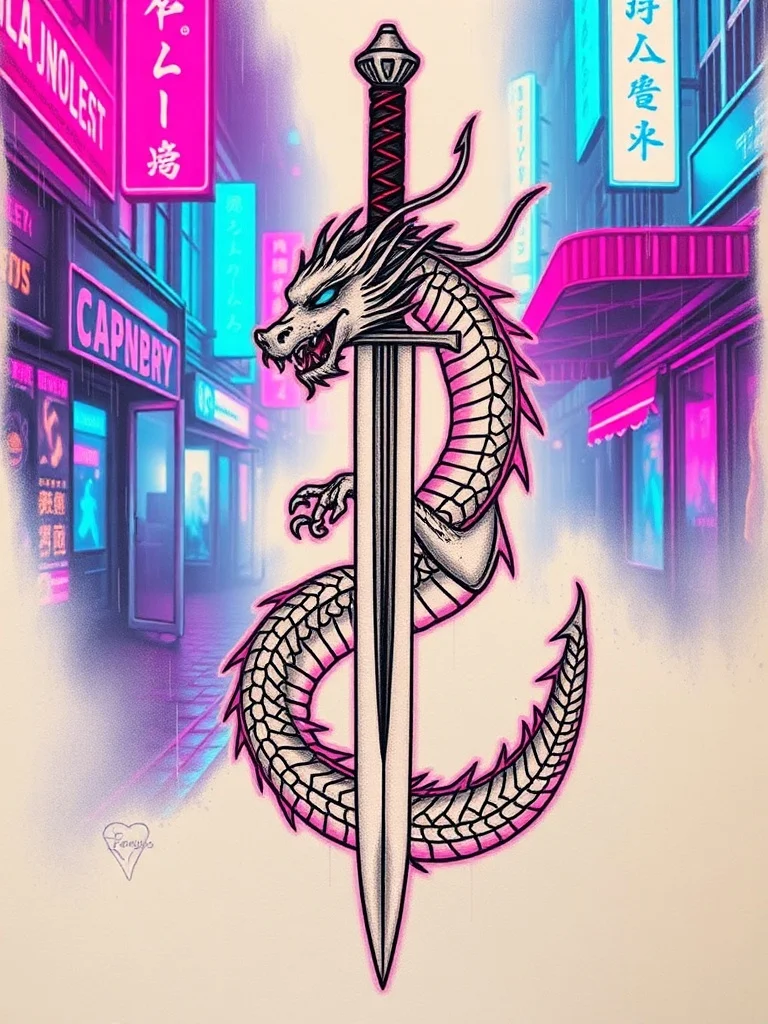 Cyberpunk tattoo: a dragon coiled around a sword