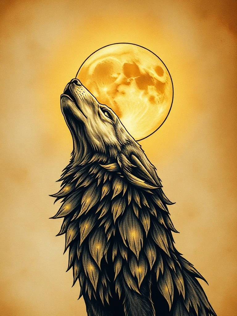 Fantasy tattoo: a wolf howling at the moon