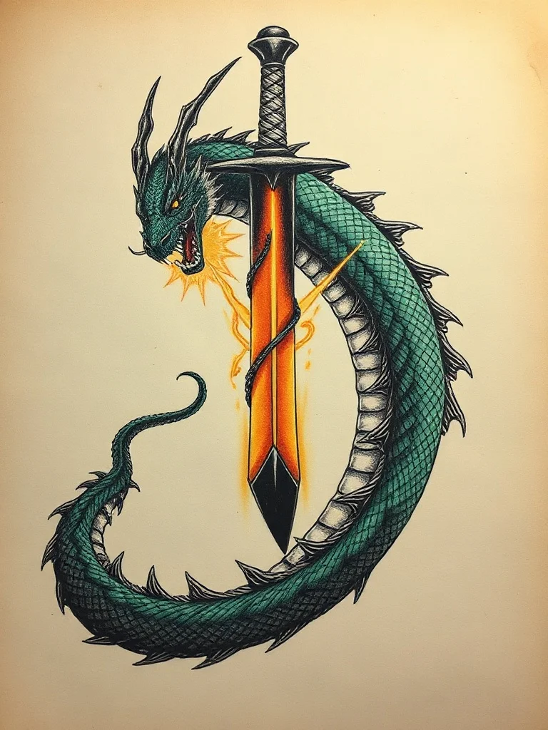 Fantasy tattoo: a dragon coiled around a sword
