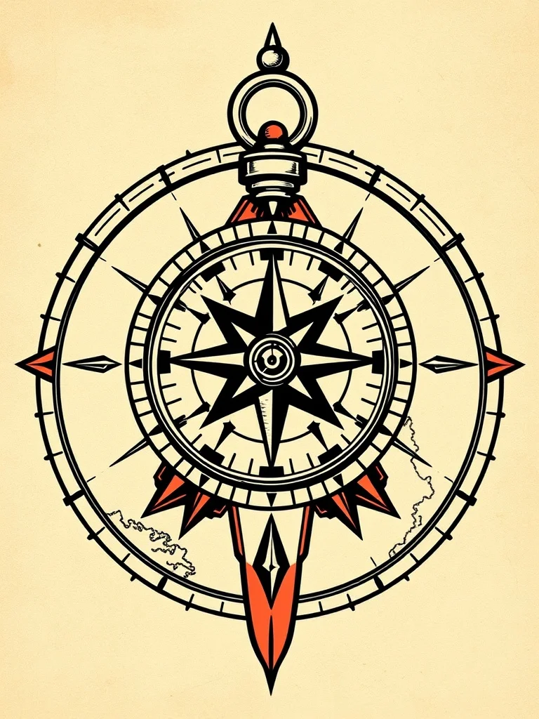 Flat Design tattoo: a vintage compass and map