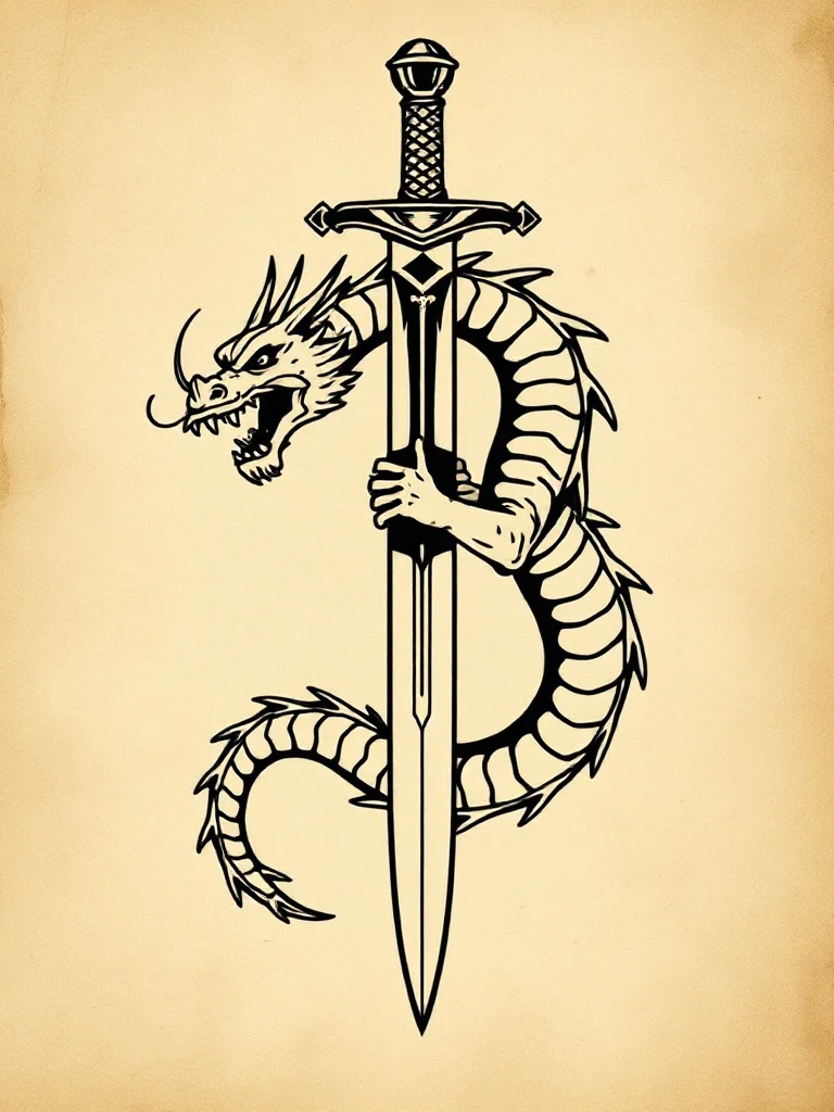 Flat Design tattoo: a dragon coiled around a sword