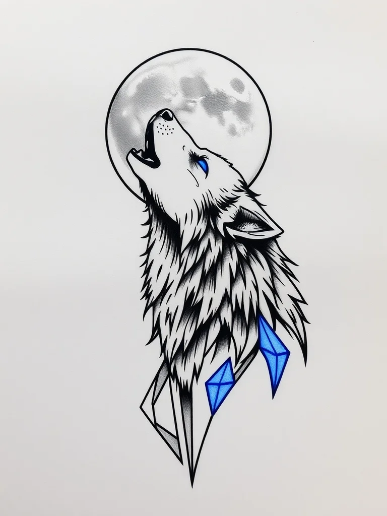 Futuristic tattoo: a wolf howling at the moon