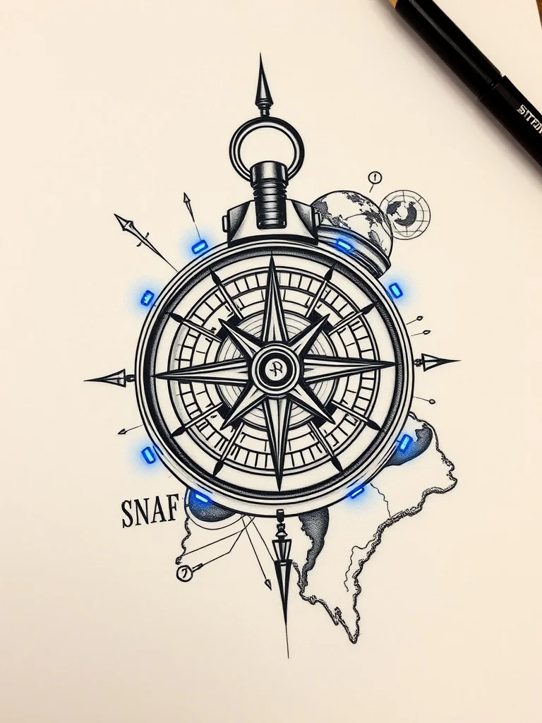 Futuristic tattoo: a vintage compass and map