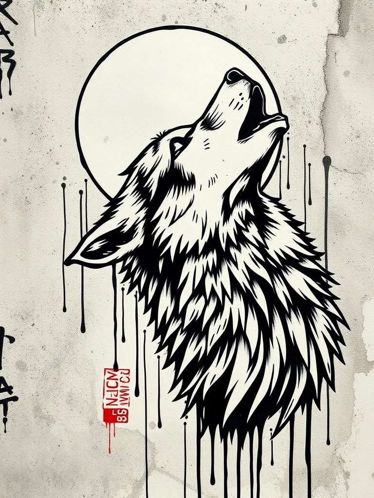 Graffiti tattoo: a wolf howling at the moon