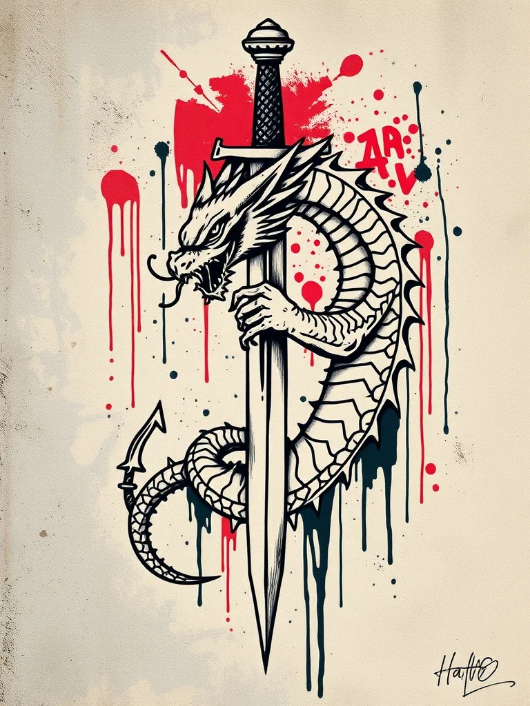 Graffiti tattoo: a dragon coiled around a sword