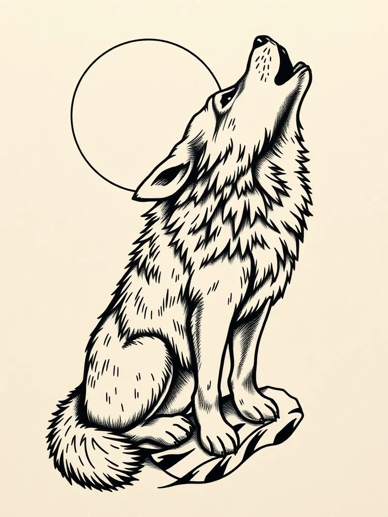 Isometric tattoo: a wolf howling at the moon