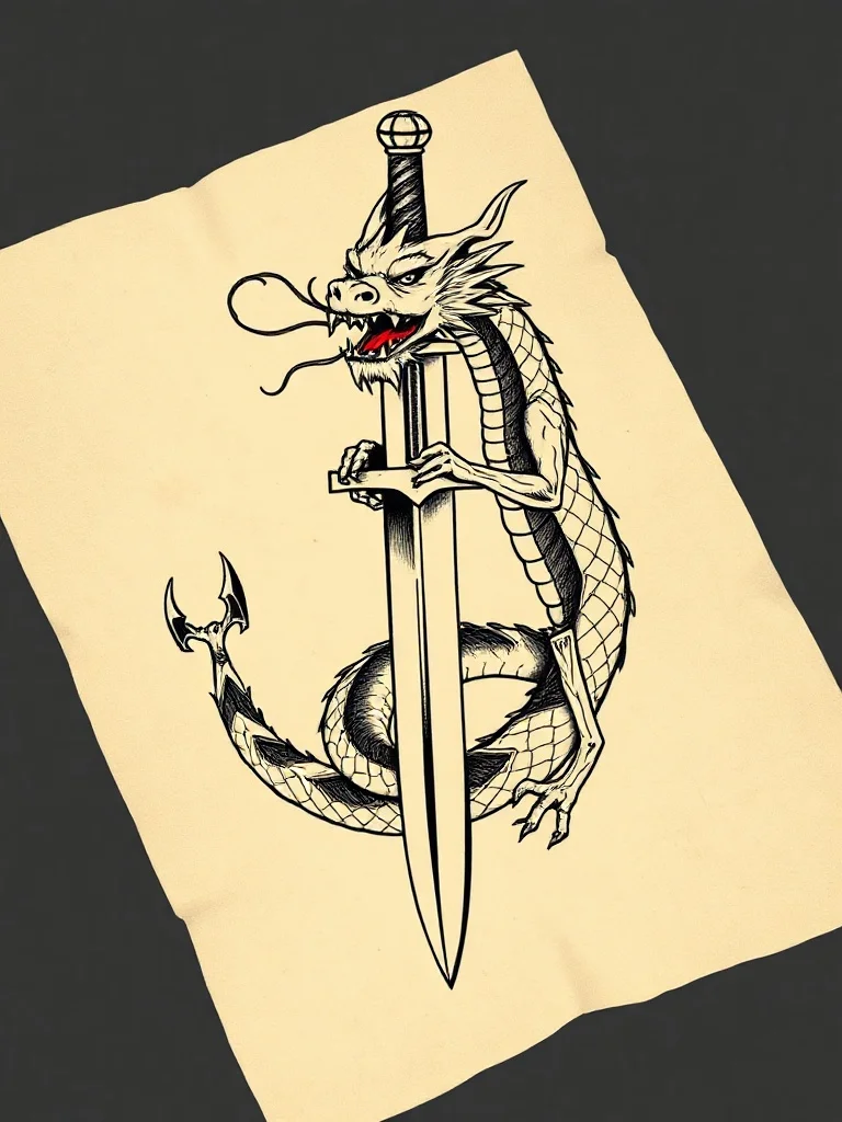 Isometric tattoo: a dragon coiled around a sword
