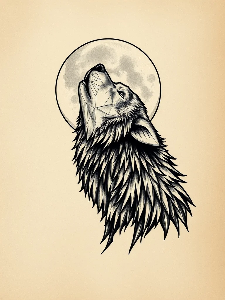 Low Poly tattoo: a wolf howling at the moon
