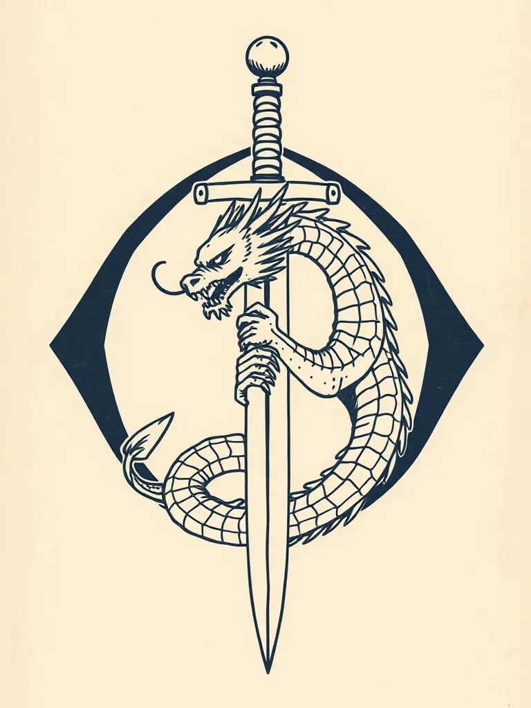 Minimalist tattoo: a dragon coiled around a sword