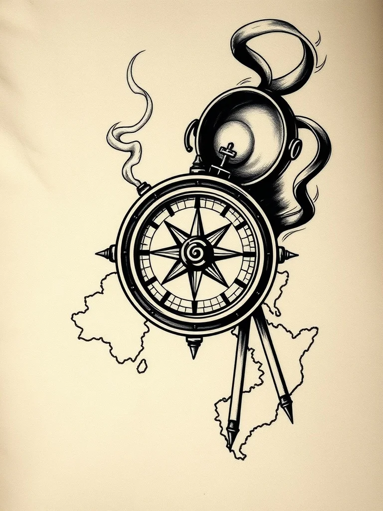 Noir tattoo: a vintage compass and map