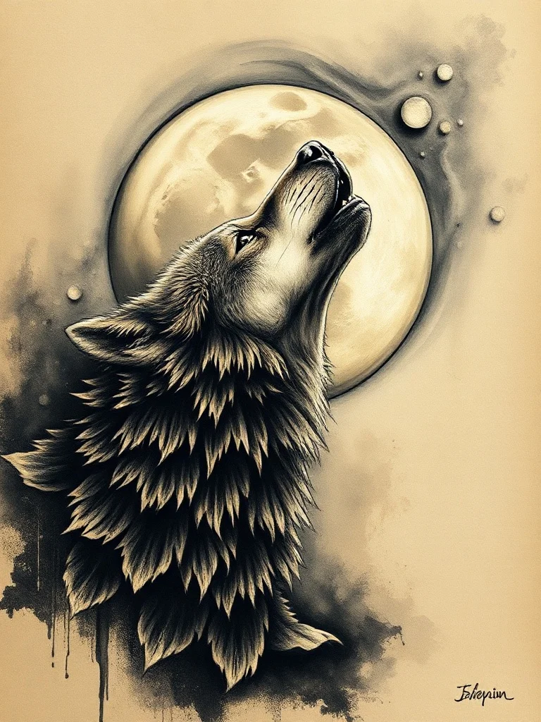 Oil Painting tattoo: a wolf howling at the moon