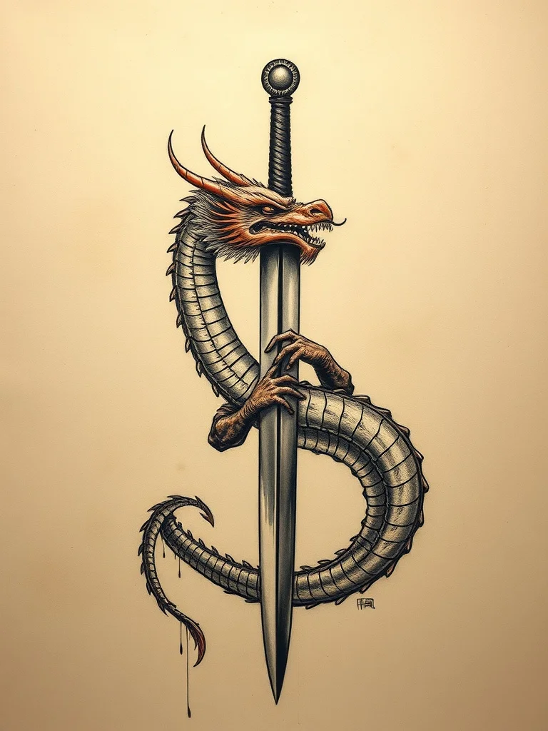 Oil Painting tattoo: a dragon coiled around a sword