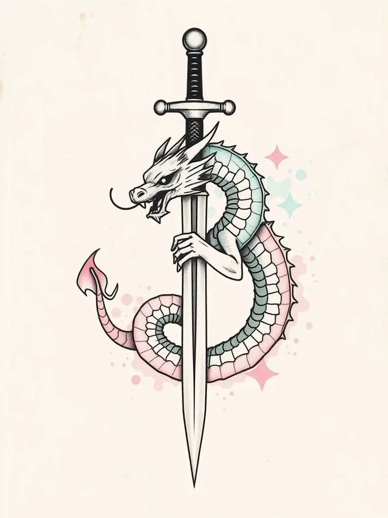 Pastel tattoo: a dragon coiled around a sword