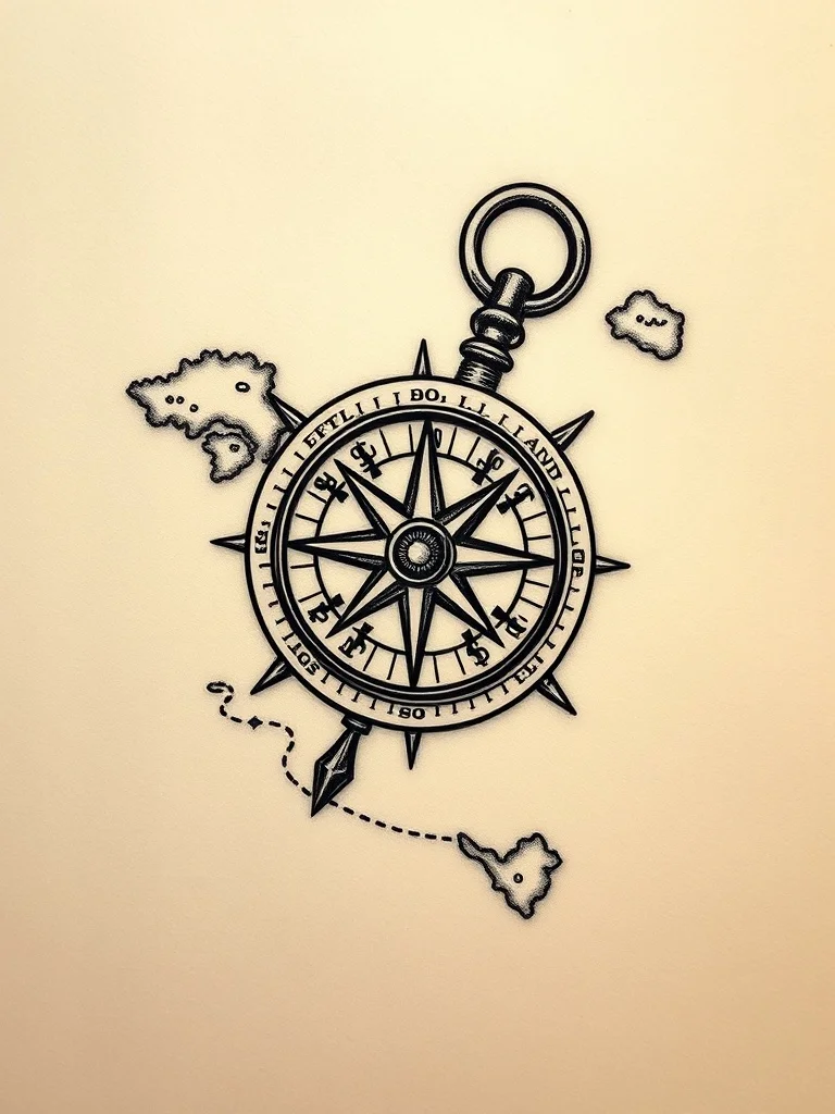Pixel Art tattoo: a vintage compass and map