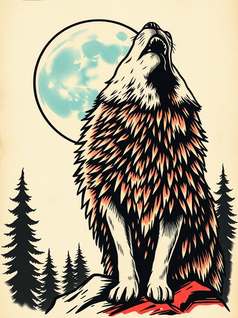 Pop Art tattoo: a wolf howling at the moon