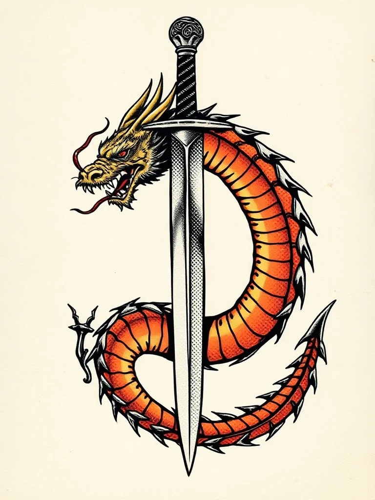 Pop Art tattoo: a dragon coiled around a sword