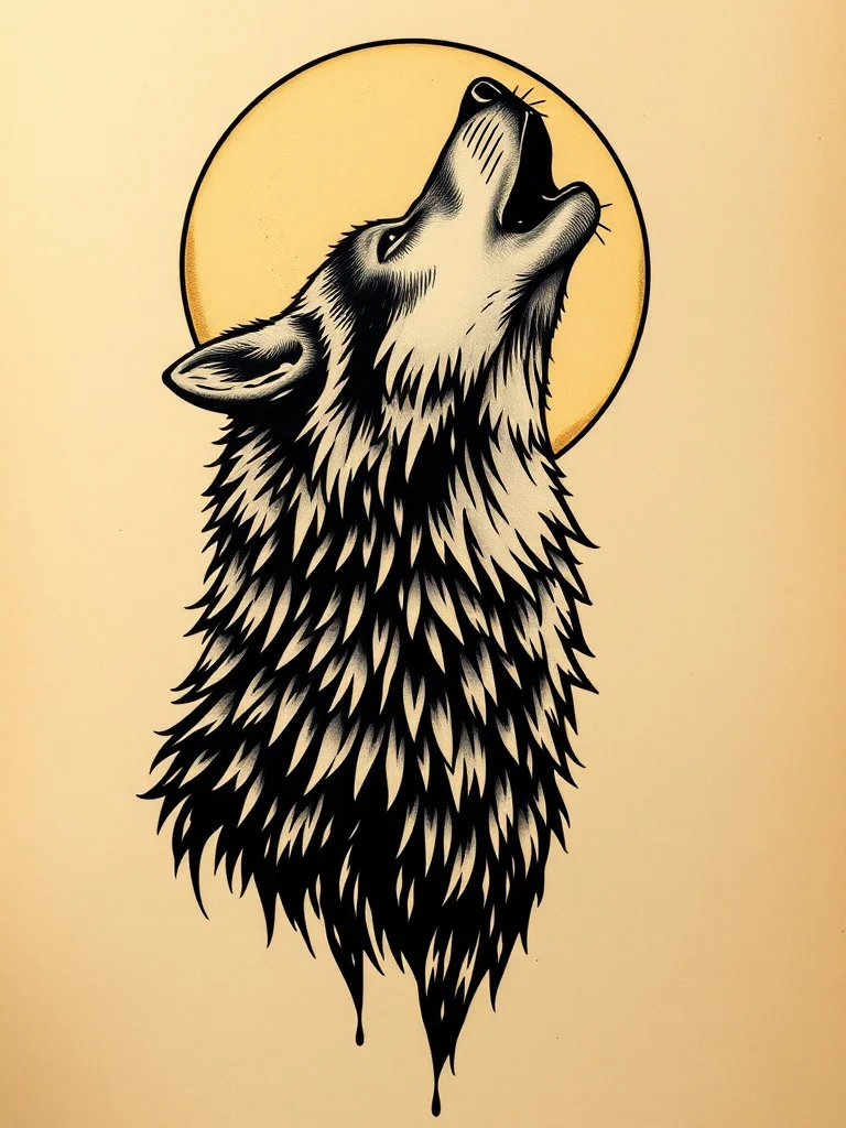 Photorealistic tattoo: a wolf howling at the moon