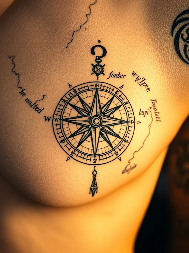 Photorealistic tattoo: a vintage compass and map