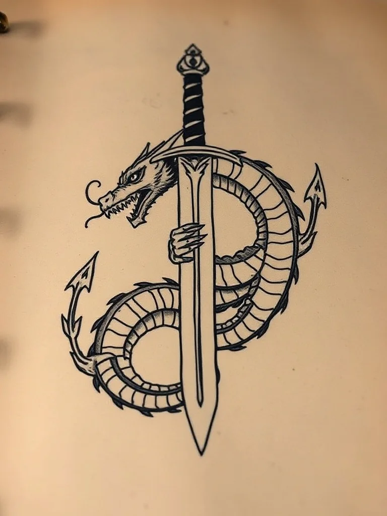 Photorealistic tattoo: a dragon coiled around a sword