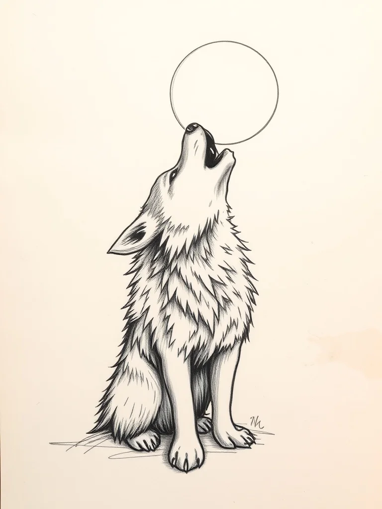 Sketch tattoo: a wolf howling at the moon