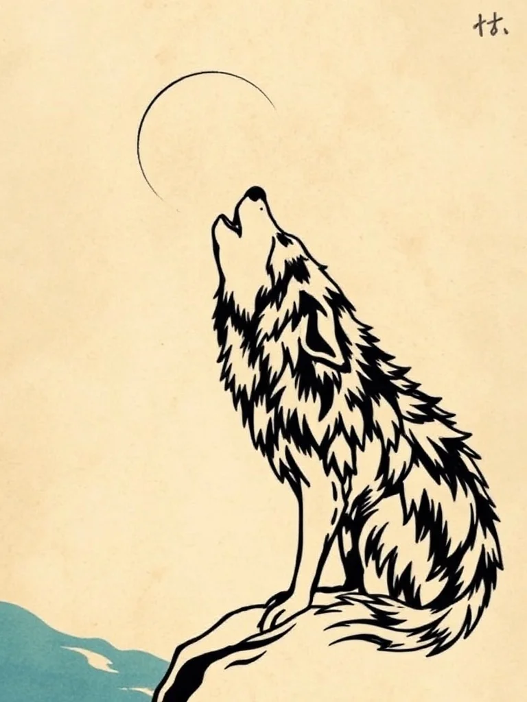 Studio Ghibli tattoo: a wolf howling at the moon