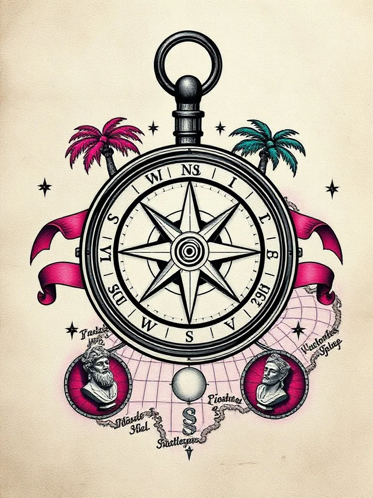 Vaporwave tattoo: a vintage compass and map