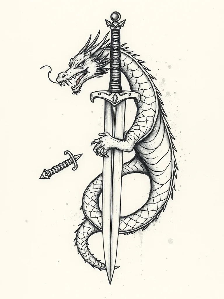 Watercolor tattoo: a dragon coiled around a sword