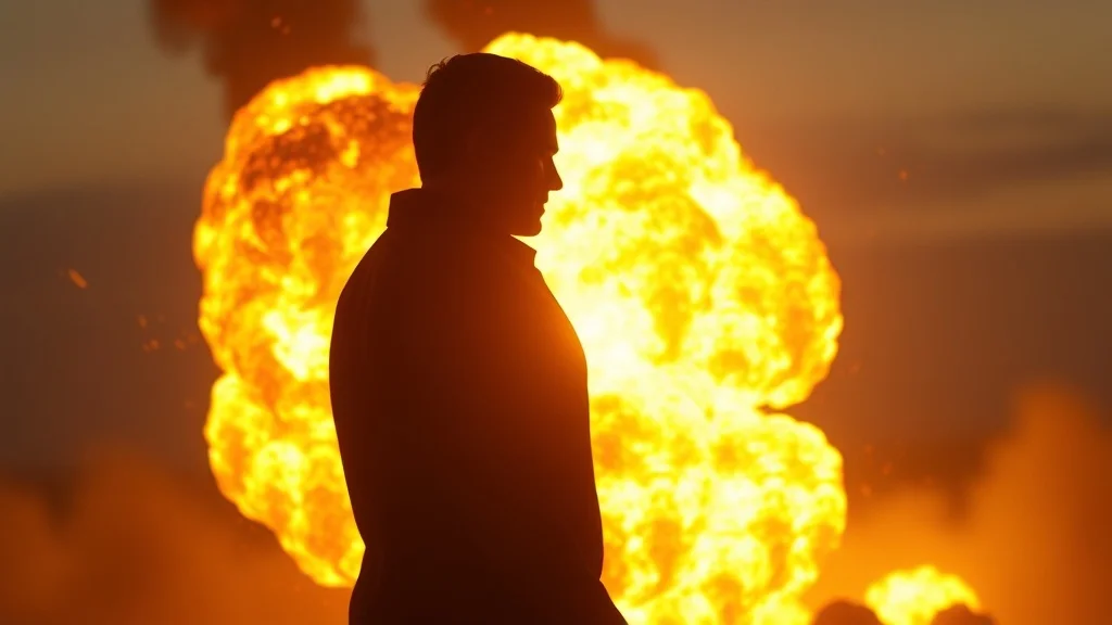 3D Render youtube thumbnail: an explosion behind a silhouetted hero