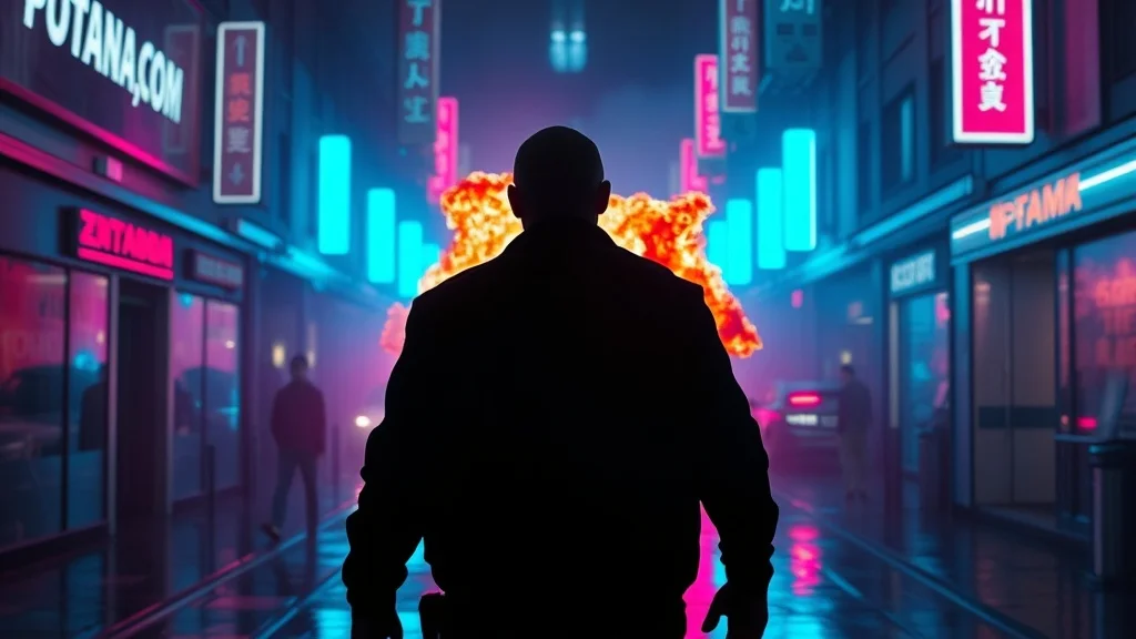 Cyberpunk youtube thumbnail: an explosion behind a silhouetted hero