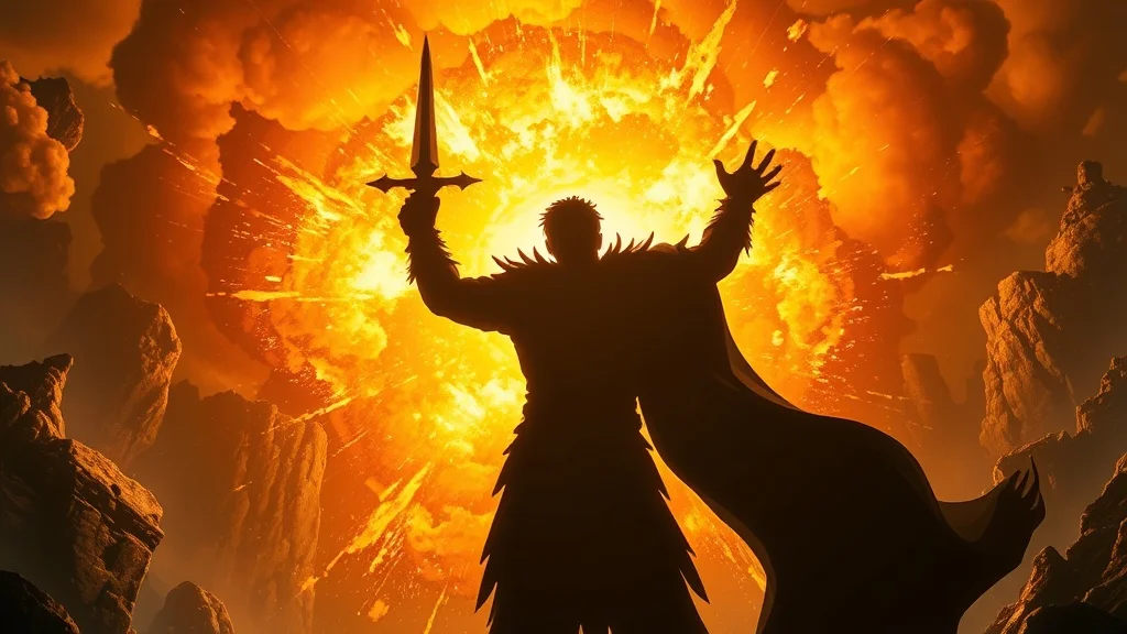 Fantasy youtube thumbnail: an explosion behind a silhouetted hero