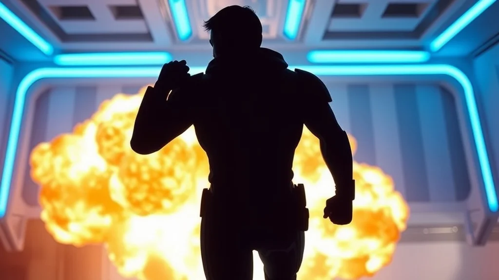 Futuristic youtube thumbnail: an explosion behind a silhouetted hero