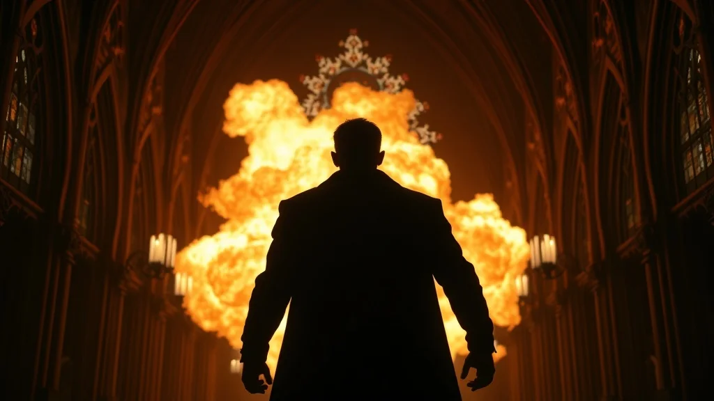 Gothic youtube thumbnail: an explosion behind a silhouetted hero