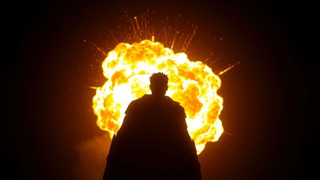 Low Poly youtube thumbnail: an explosion behind a silhouetted hero