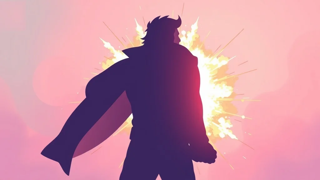 Pastel youtube thumbnail: an explosion behind a silhouetted hero