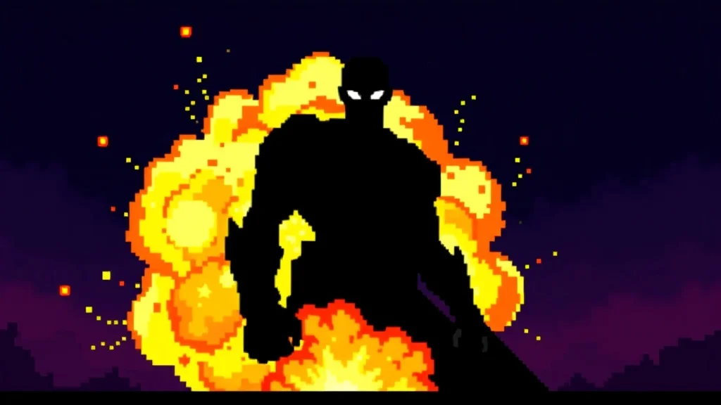 Pixel Art youtube thumbnail: an explosion behind a silhouetted hero