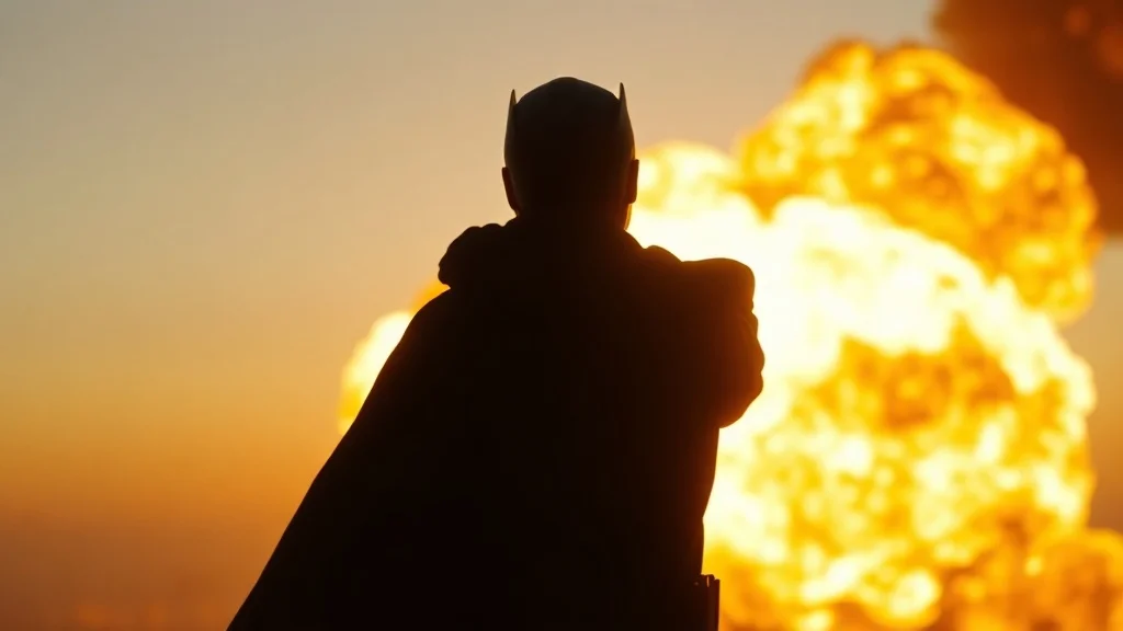 Photorealistic youtube thumbnail: an explosion behind a silhouetted hero