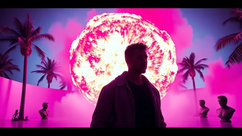Vaporwave youtube thumbnail: an explosion behind a silhouetted hero