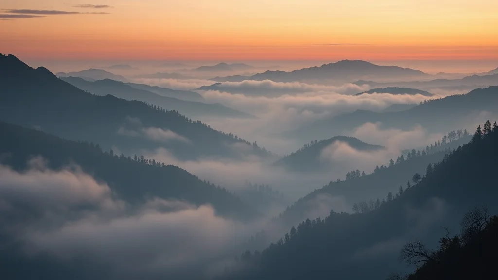 3D Render wallpaper: a misty mountain valley at dawn
