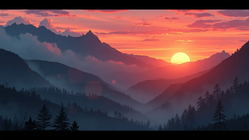Anime wallpaper: a misty mountain valley at dawn