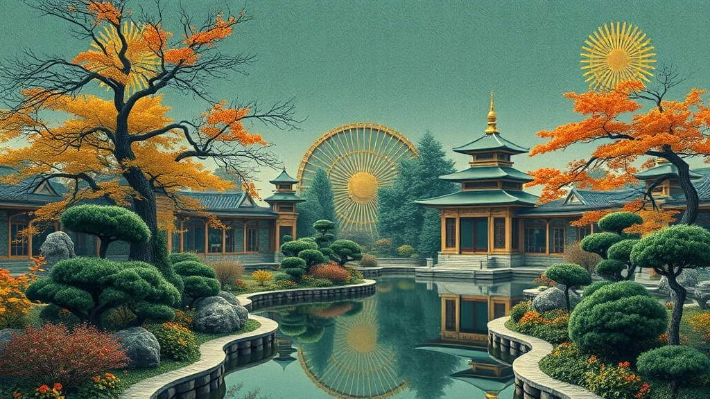 Art Deco wallpaper: a serene Japanese garden in autumn