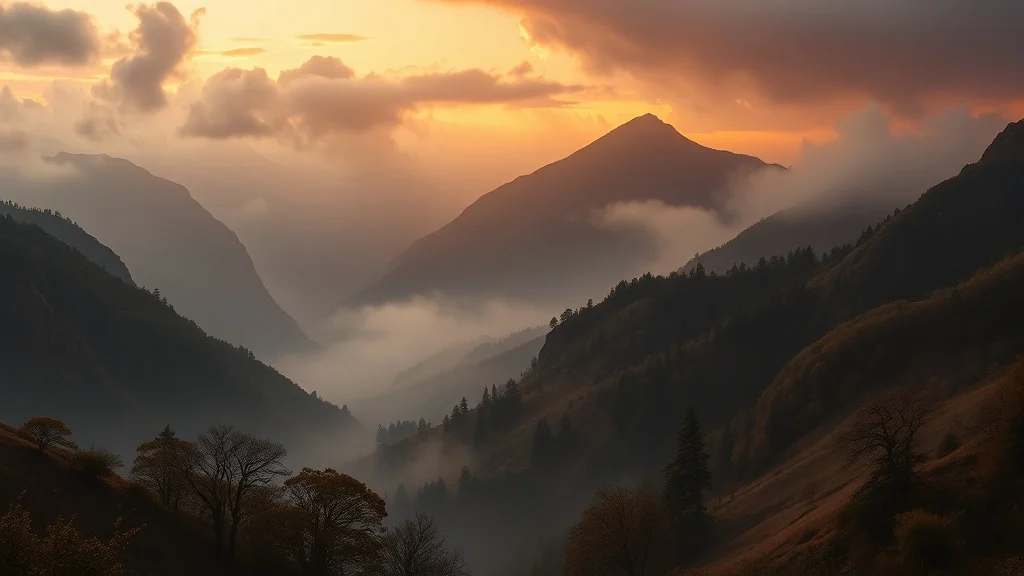 Baroque wallpaper: a misty mountain valley at dawn