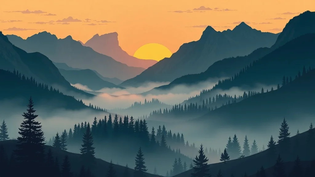 Cartoon wallpaper: a misty mountain valley at dawn