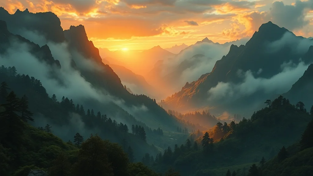 Fantasy wallpaper: a misty mountain valley at dawn